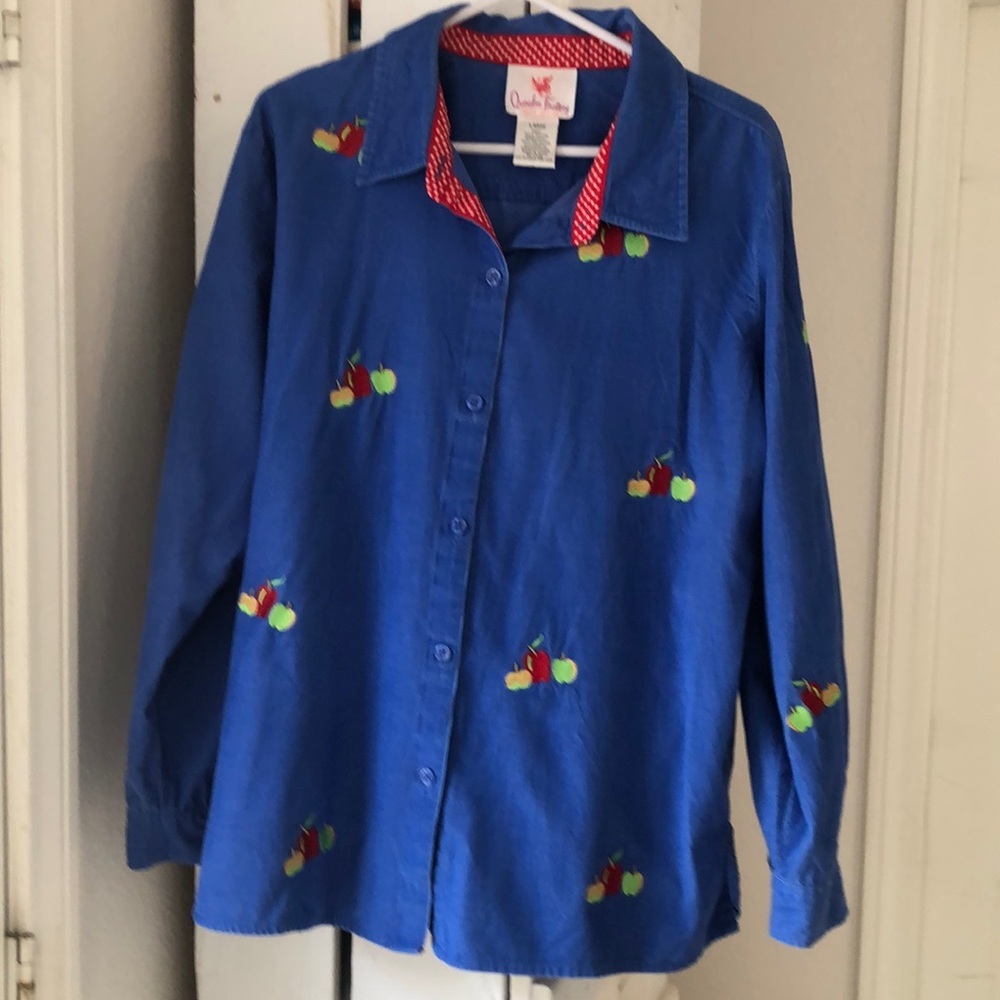 Quacker Factory apple embroidered corduroy blue shacket/jacket shirt